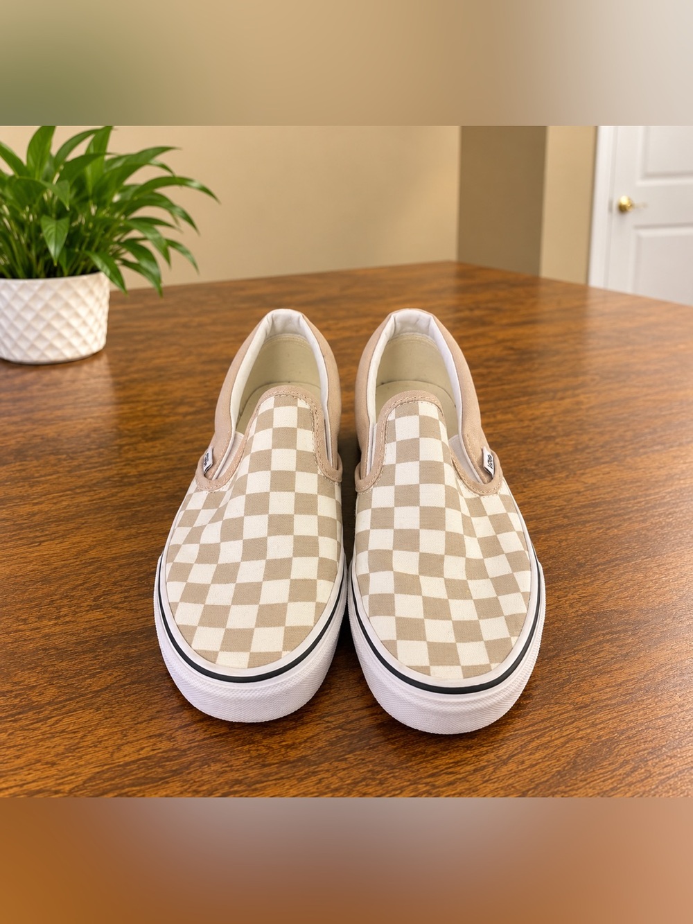 Vans Slip-On Sneakers in Beige and Cream Checkerboard